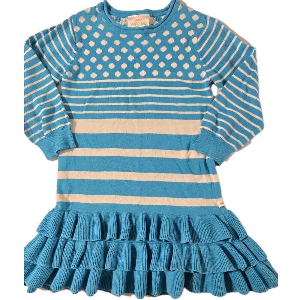 LOLLY WOLLY‎ DOODLE Tiered Ruffle Dress Vtg Blue White Cotton Knit Girls 4/5